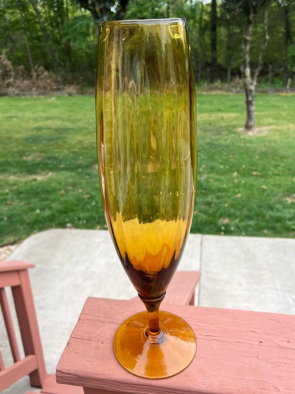 Tall Amber Glass Stem Vase 16.5” Mid Century Modern Decor Optic Panel